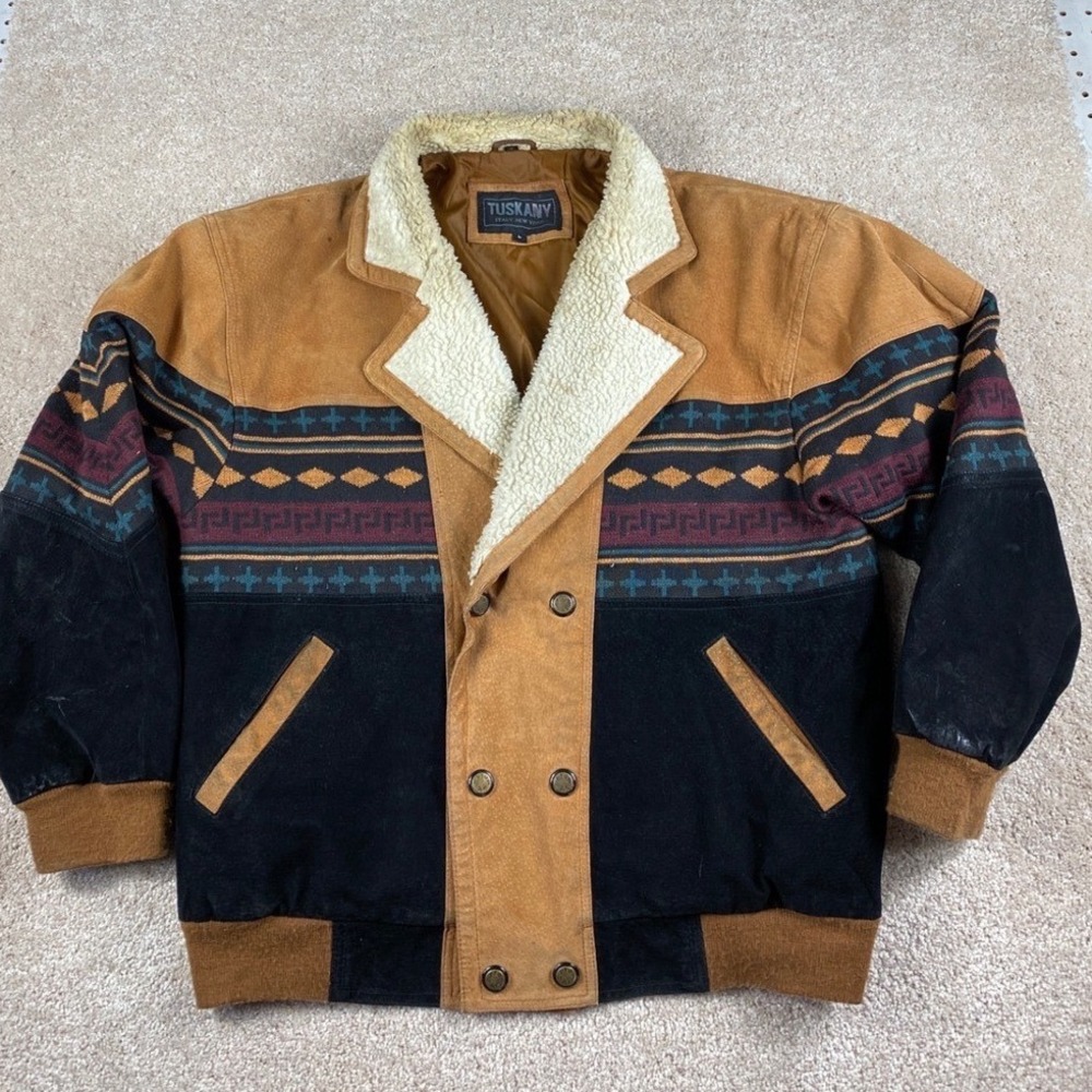 Tuskany Mens Large Genuine Leather Southwestern Suede Bomber‎ Jacket Shearling L